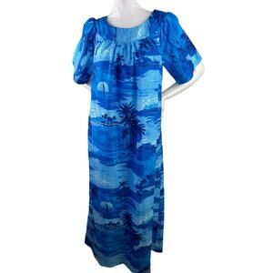 Made In Hawaii Vtg Women MuuMuu Blue Palm Trees Beach Ocean Print  S S Oversized